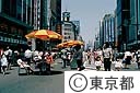 銀座の歩行者天国を歩く親子