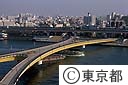 歩行者専用の桜橋で橋のたもとはテラス型堤防になっている