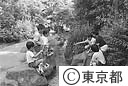 親水公園の小川で、ザリガニつりをする小学生