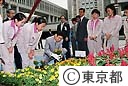 花壇づくりの高校生と青島知事