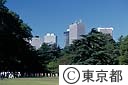 緑と青い空に高層ビル群